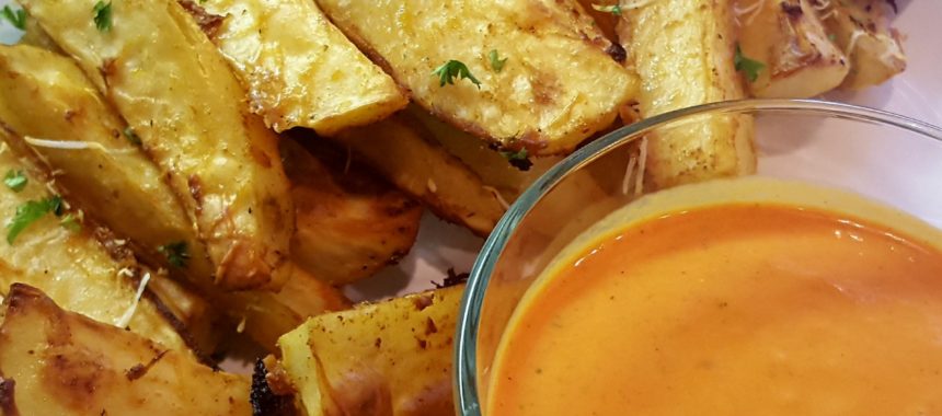 Crispy Garlic Potato Wedges with Red Pepper Mayonnaise